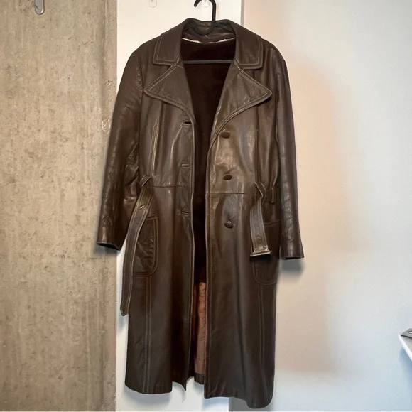 Vintage Olympic Long Leather Coat, Removable Faux Fur Liner - Picture 13 of 16